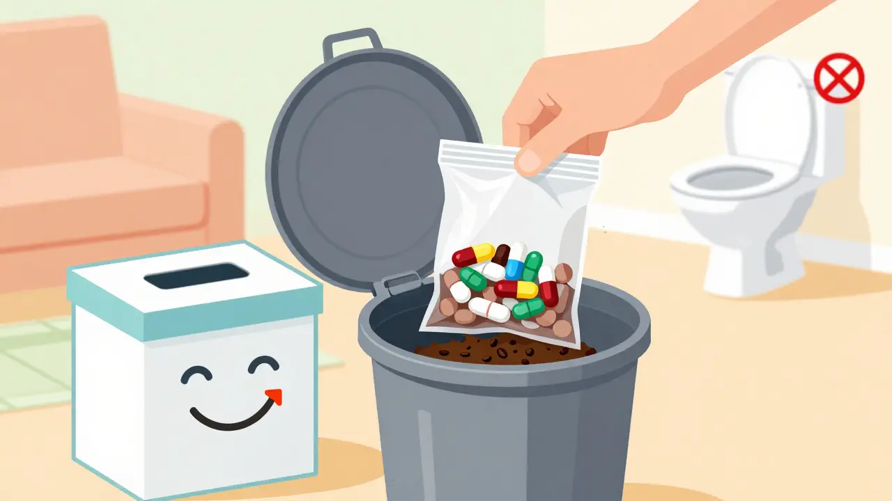 Safe disposal of expired meds in trash bag next to pharmacy drop-off