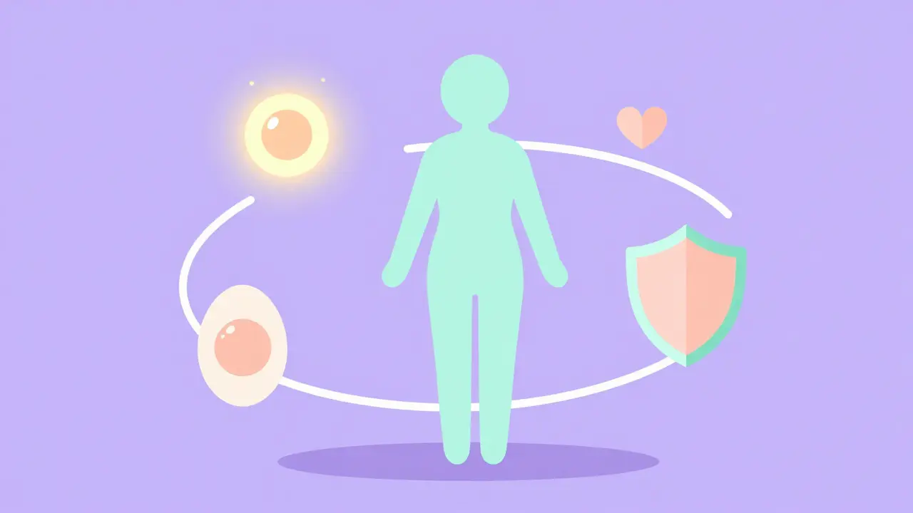 Abstract flat illustration of a person surrounded by symbols of ovulation, pregnancy, and safety
