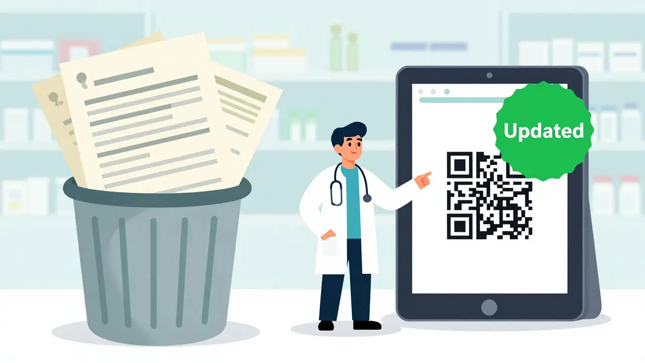Cartoon showing a transition from paper leaflets to digital tablet medication info