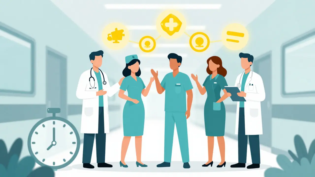 Cartoon-style image of doctors and nurses collaborating with floating idea symbols in a hospital