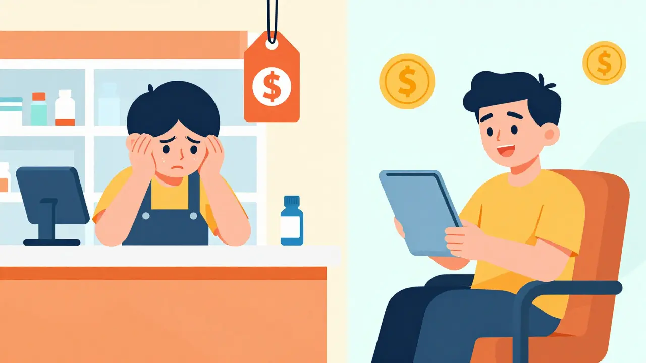 Comparison of stressed retail shopper vs happy online user in flat design