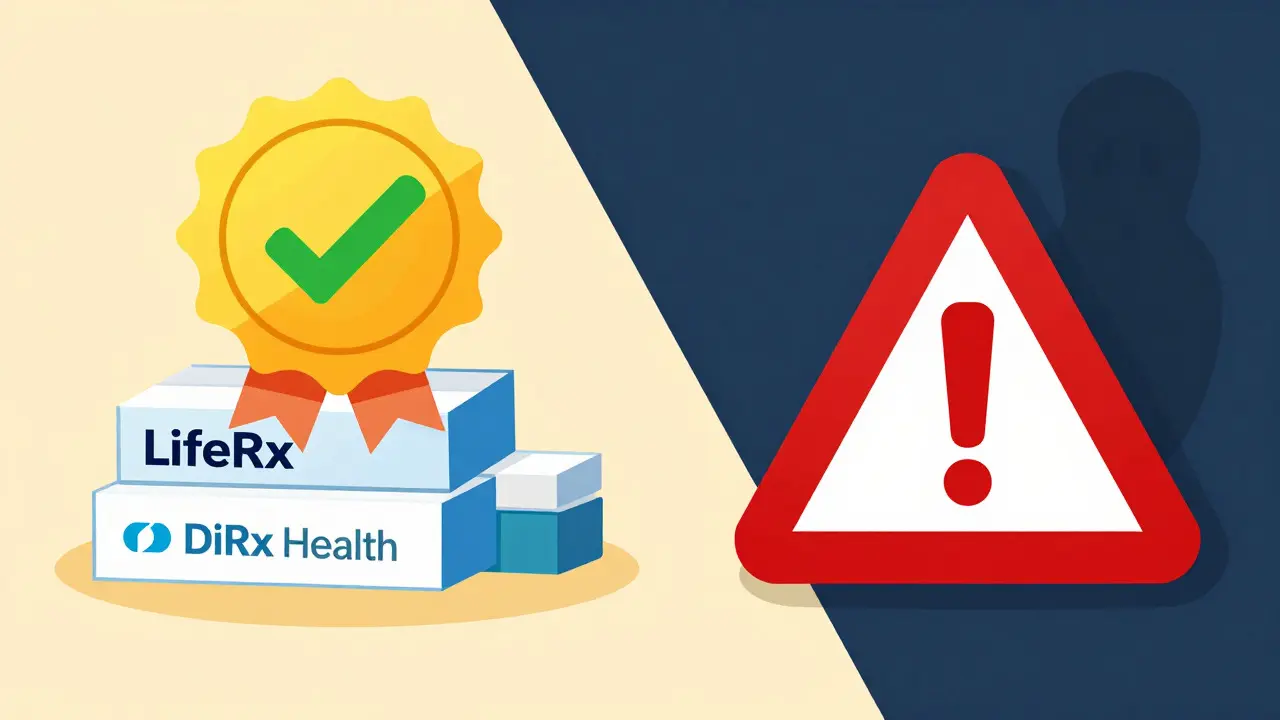 Comparison of verified safe pharmacy badge versus warning sign for fakes.