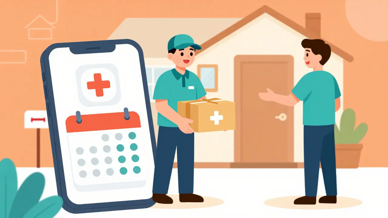 Courier delivering medicine package while phone shows refill reminder.