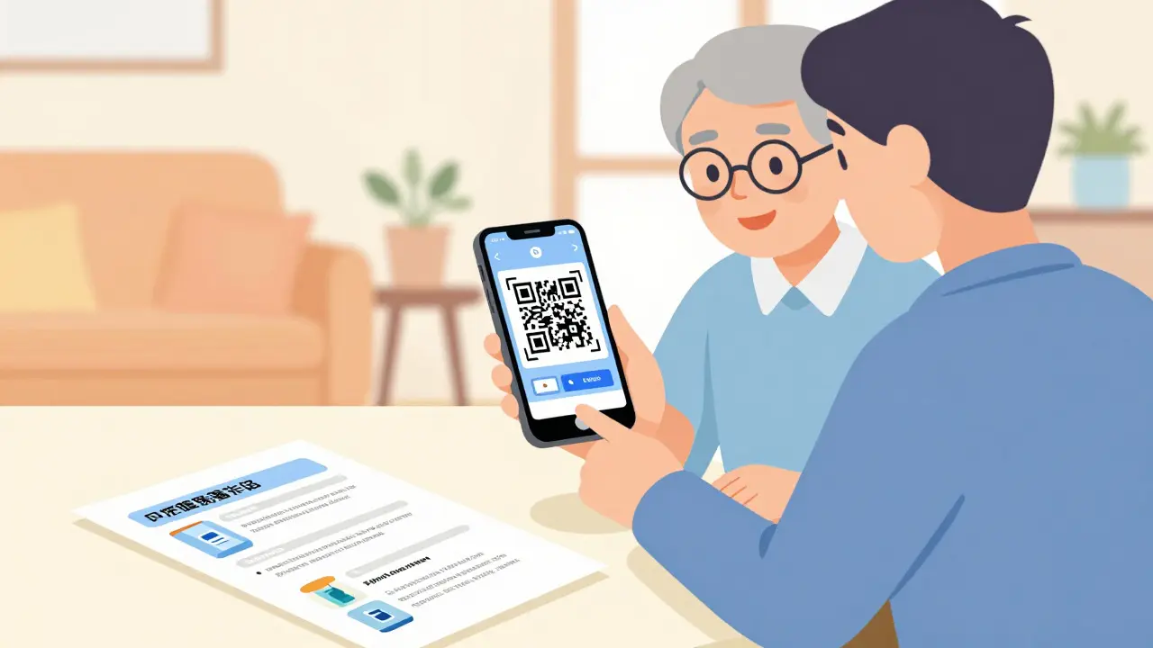 Elderly person scanning a drug label QR code with assistance and a printed backup