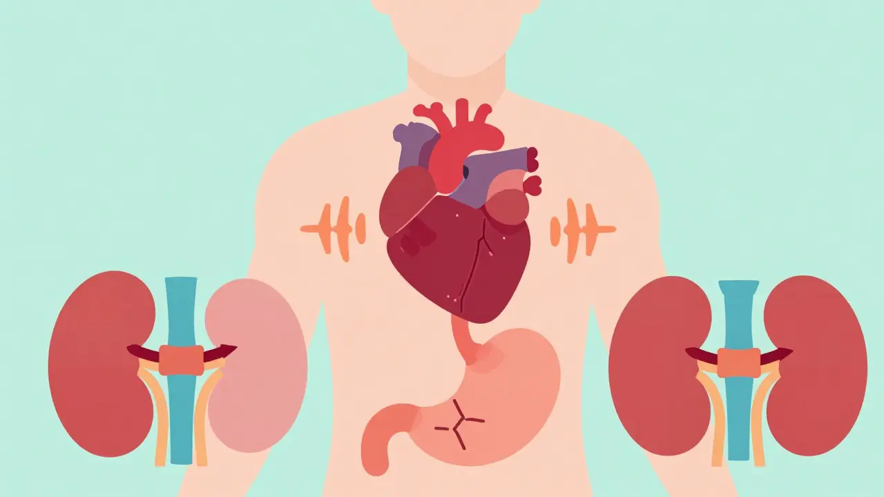 Flat design medical graphic showing heart, stomach, and kidney risks from NSAIDs