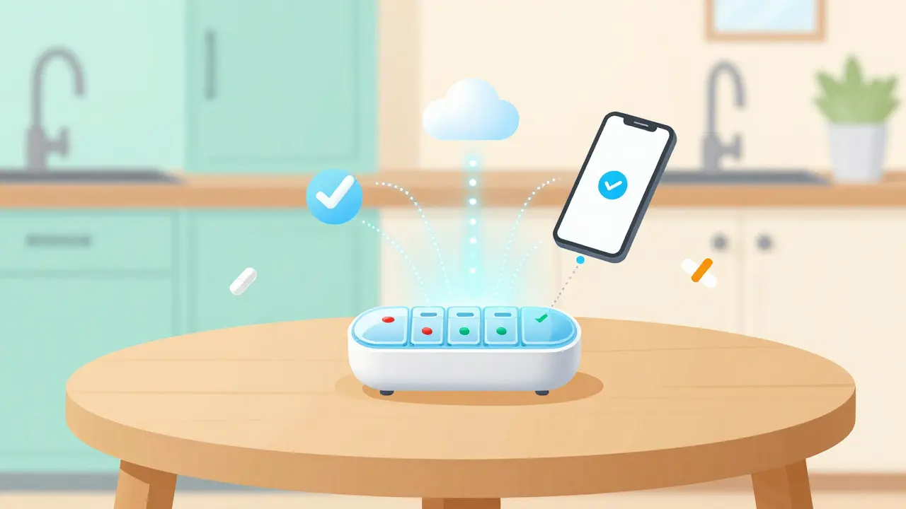 Flat design of a smart pillbox syncing data to a phone and cloud.