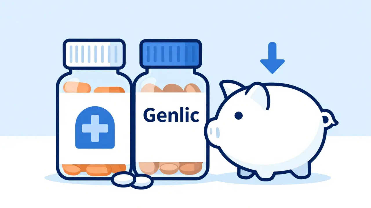 Generic and brand pills next to piggy bank showing savings