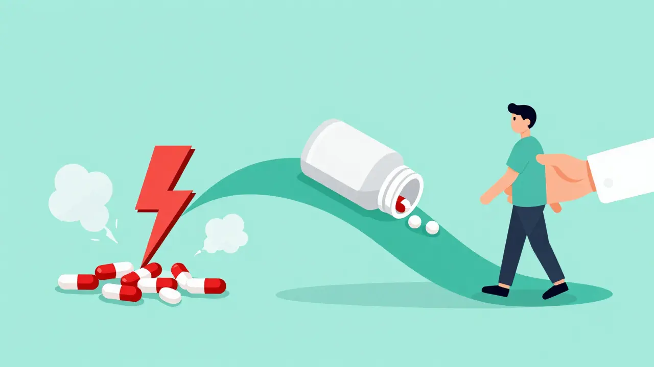 Graphic comparing abrupt stop vs gradual tapering of meds