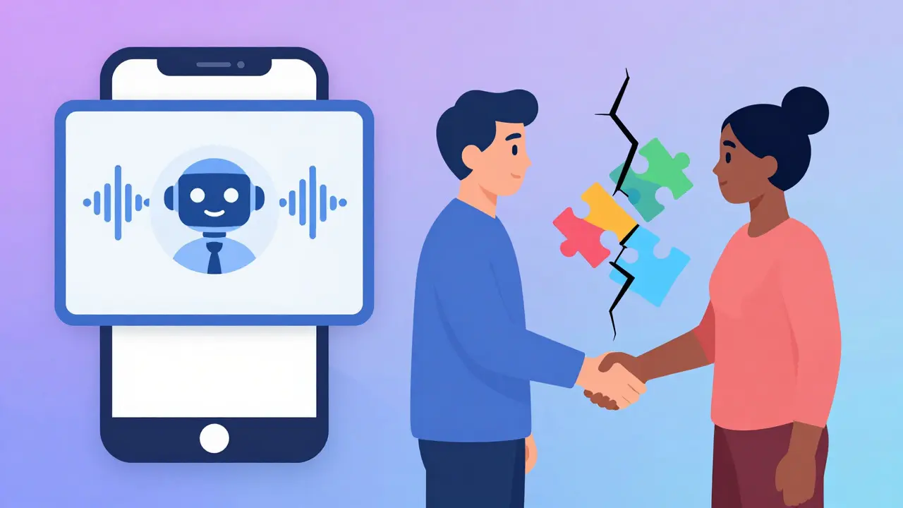 Illustration showing AI telehealth tools and diverse patients connecting through puzzle pieces