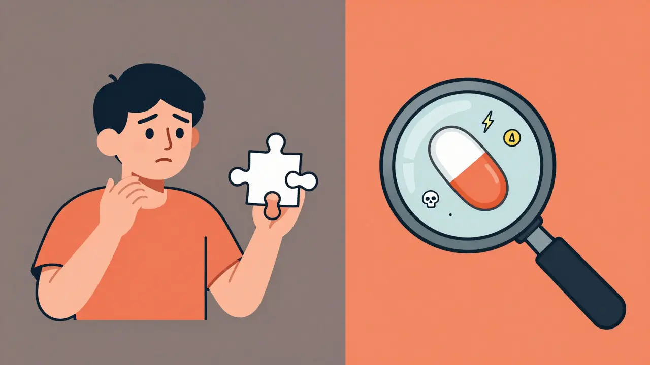 Magnifying glass revealing hidden risks inside a pill