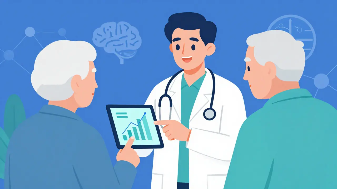 Pharmacist helping a senior patient review adherence data on a tablet.
