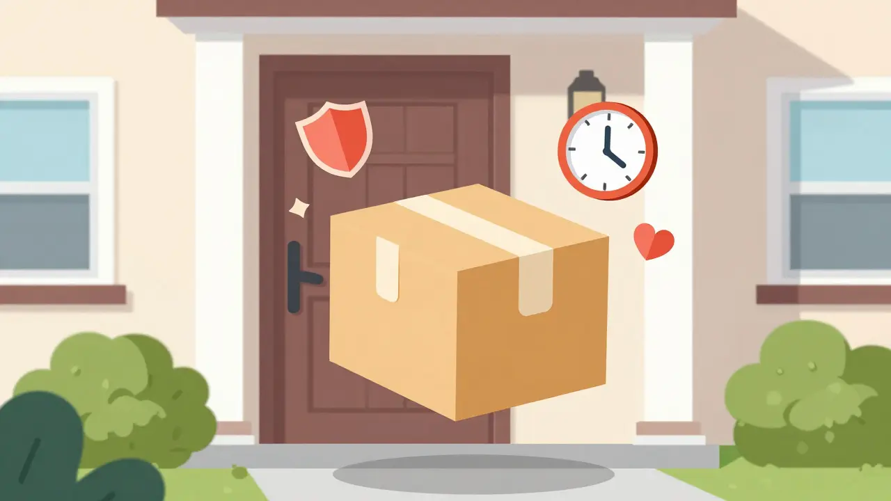 Secure delivery box arriving at home with safety icons