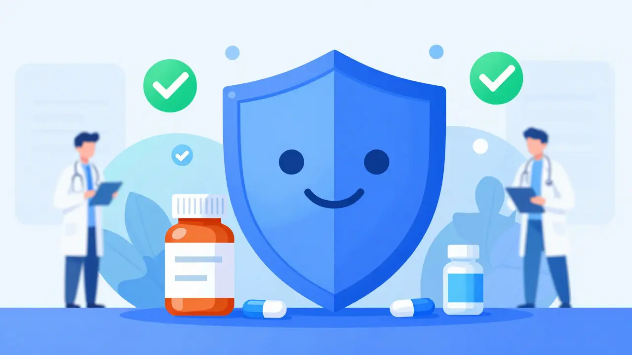 Shield protecting pills with checkmarks in a flat cartoon illustration