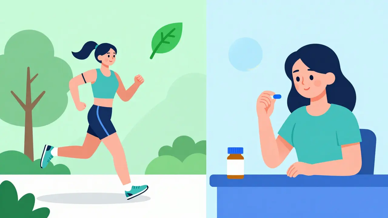 Split view cartoon of a woman exercising and taking medication for PCOS management