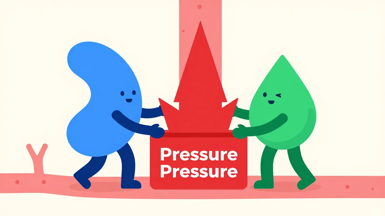 Two cartoon figures pushing down a red pressure block