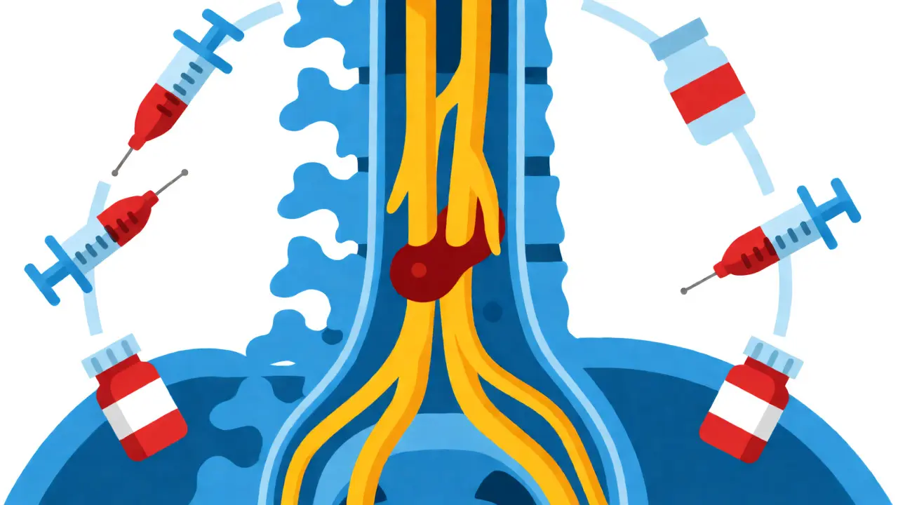 Cross-section of spine showing hematoma compressing nerve roots