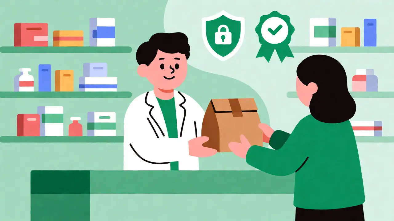 Flat design cartoon of a pharmacist handing a package to a customer with safety icons