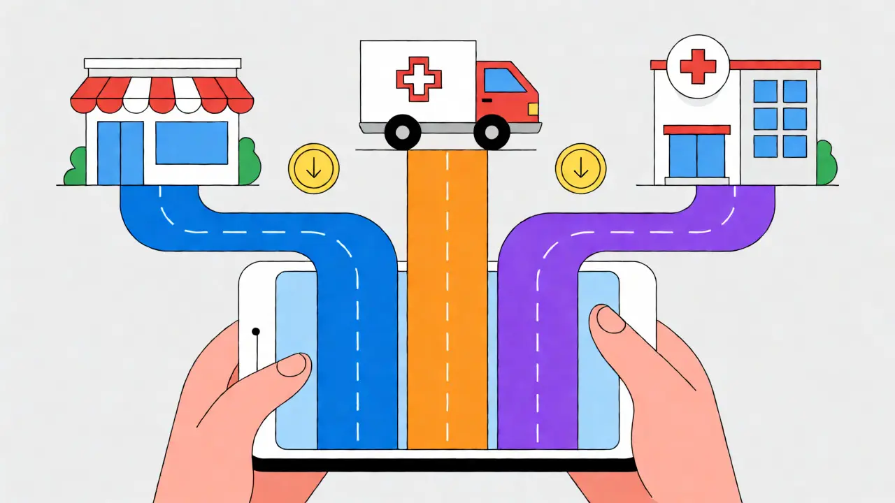 Overhead view of a smartphone connecting to various pharmacy options and savings